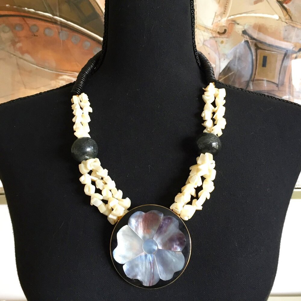 Vintage Lee Sands Necklace with Mother-of-Pearl Flower Inlay 25" Length